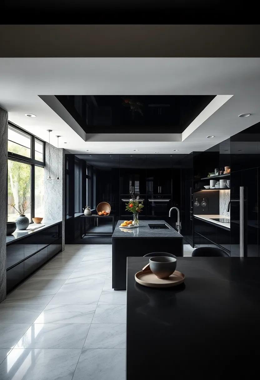 Using Reflective Black Glass Walls to Amplify Space and Add Dramatic Contrast in Sophisticated Kitchens
