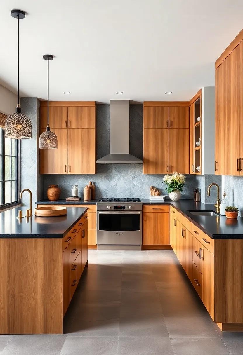 Bold Contrast of Dark Counter Islands Against Warm Maple Cabinetry Showcasing Versatile Color Pairings