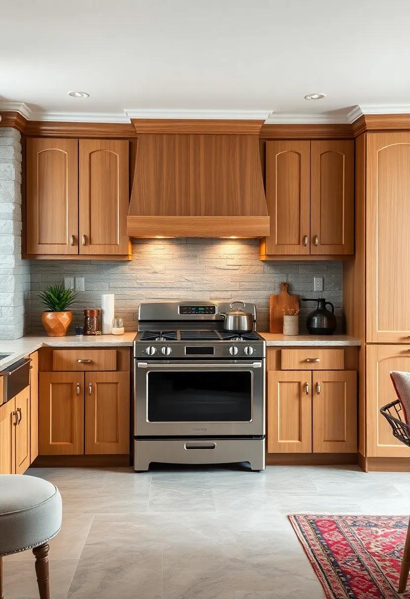 Curved Maple Cabinetry Surrounding a Vintage Stove, Blending Retro and Timeless Styles Seamlessly