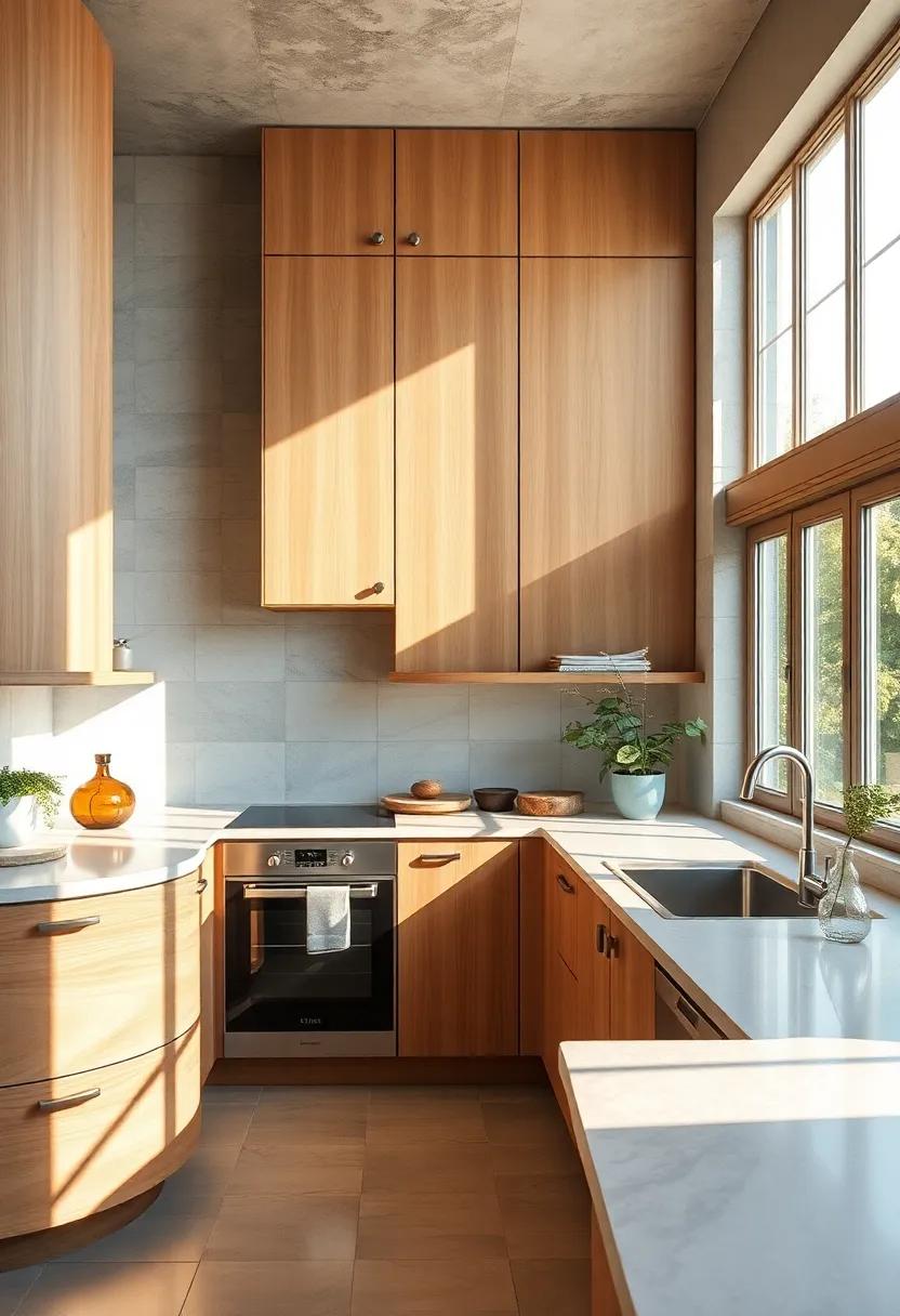 Delicate Maple Wood Grains Enhanced by Sunlight Streaming Through Paned Kitchen Windows