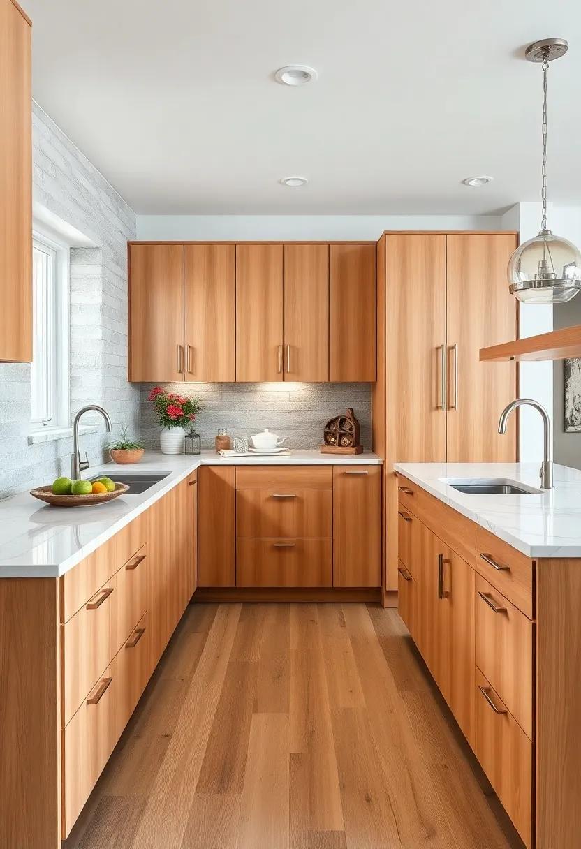 Elegant Transition Between Maple Cabinets and Marble Countertops with Brushed Nickel Hardware