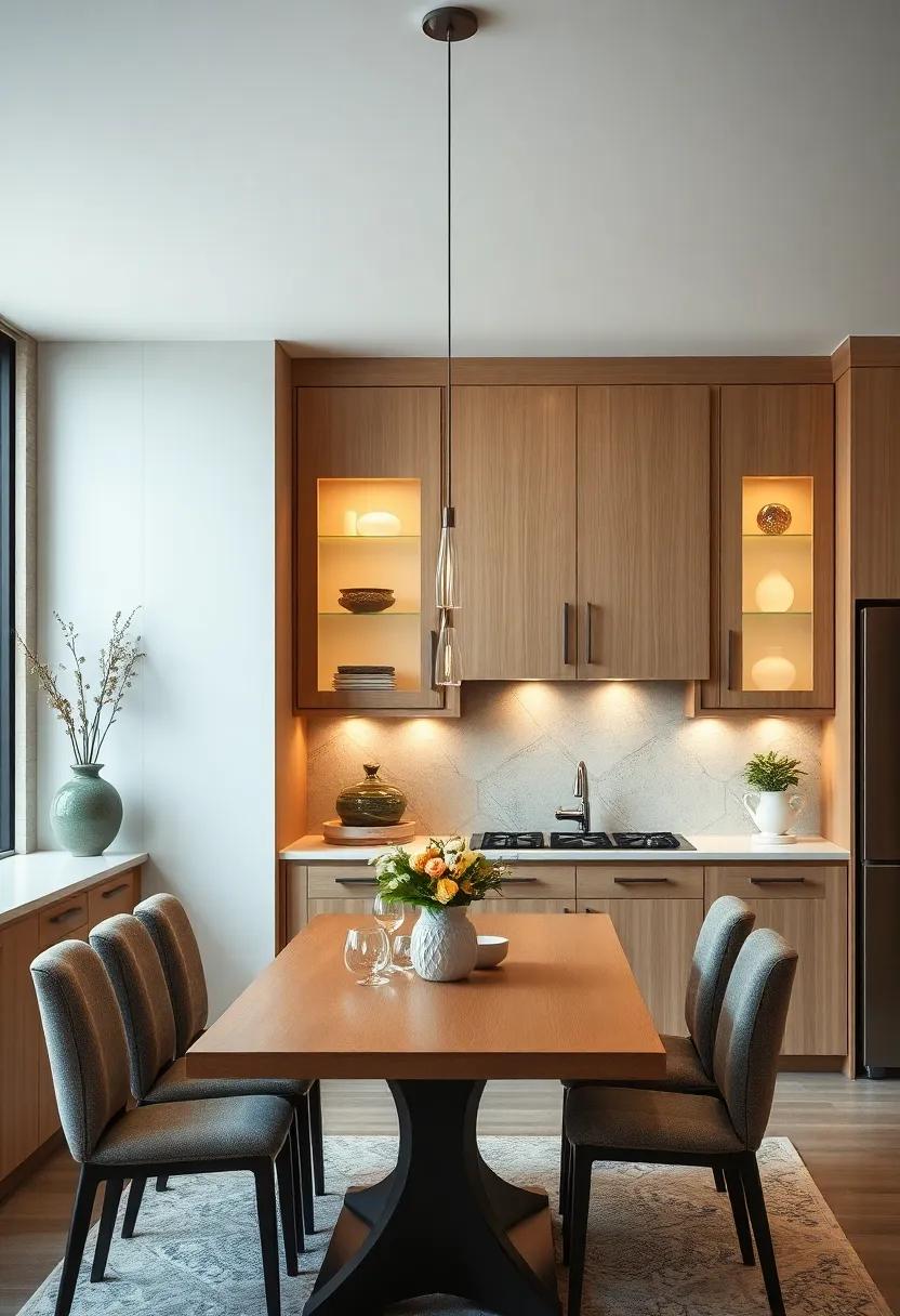 Maple Cabinet Doors with Frosted Glass Panels Displaying Luminous Contents in an Elegant Dining Space