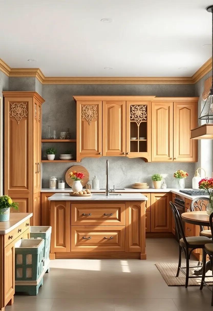 Maple Cabinets with Intricate Carvings Standing Proud in a Traditional Victorian Kitchen Setting