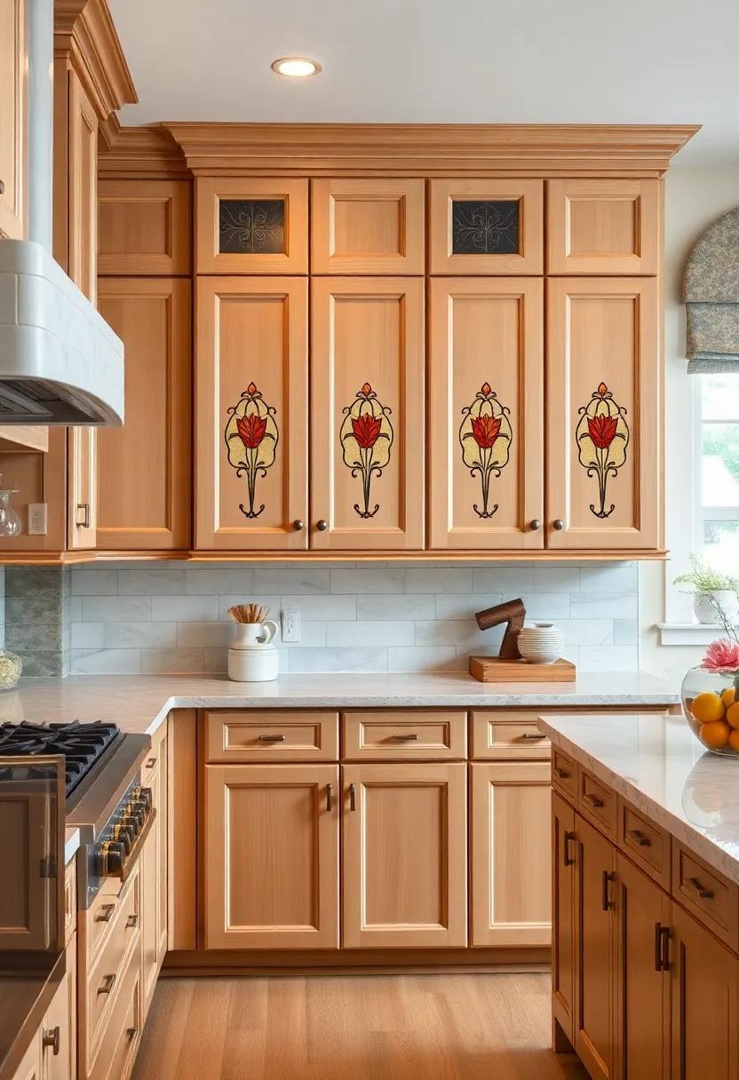 Maple Cabinets Featuring Detailed Molding and Stained Glass Inserts Creating Artistic Visual Interest