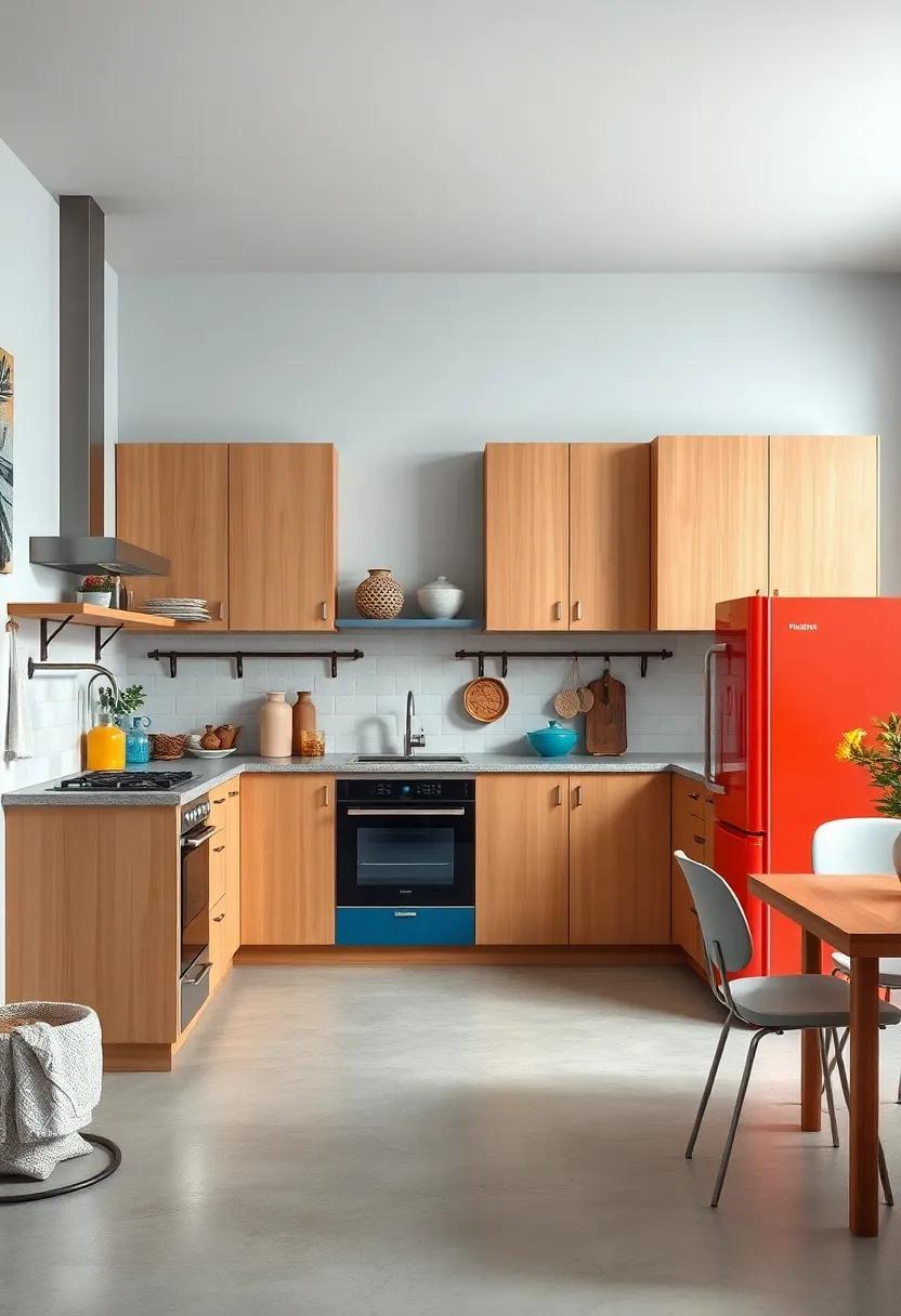 Maple Cabinets Combined with Bold Colored Appliances in a Fun and Vibrant Culinary Space