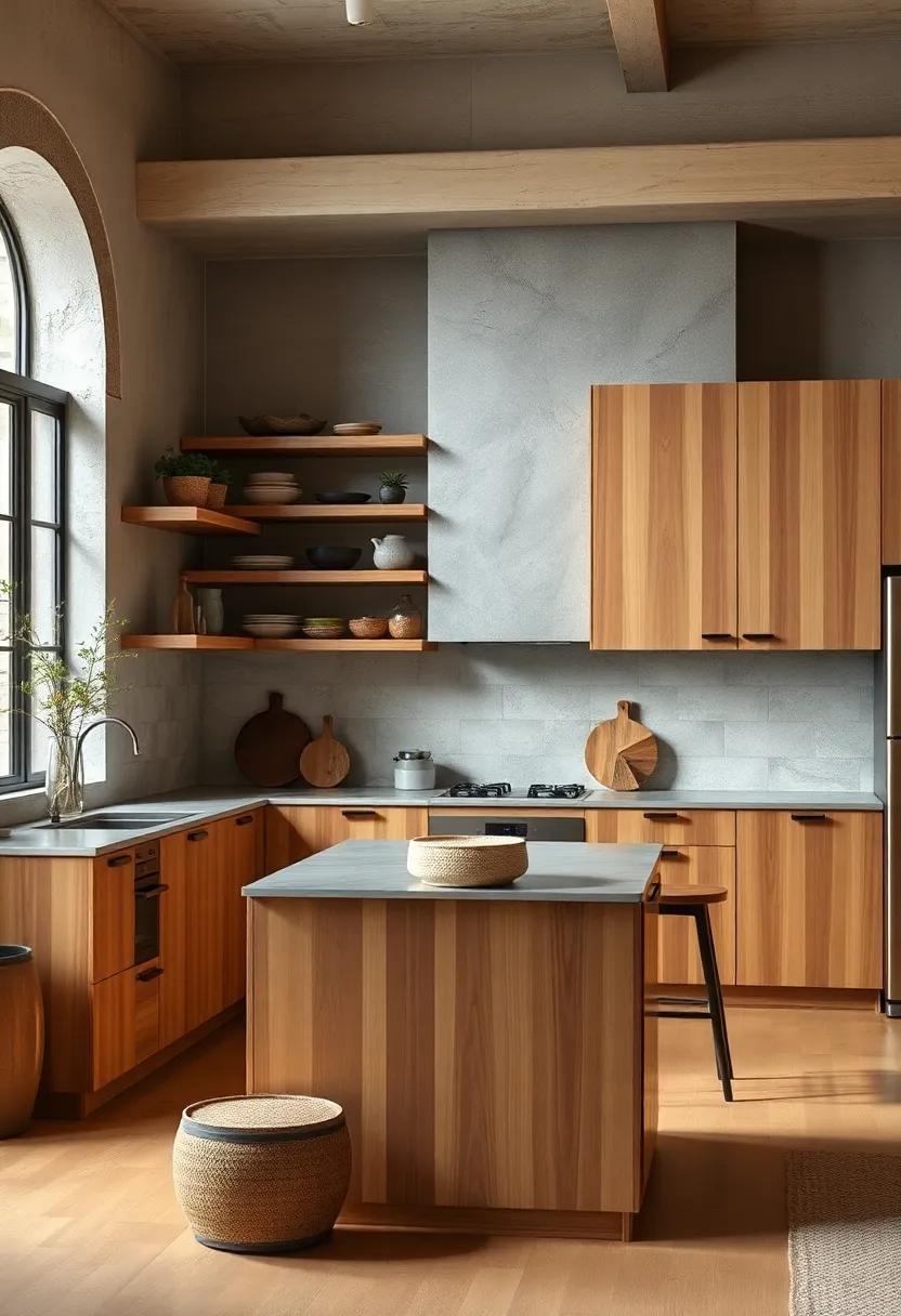 Maple Kitchen Cabinets Paired with Rustic Open Shelving Amidst Earthy Tones and Natural Textures