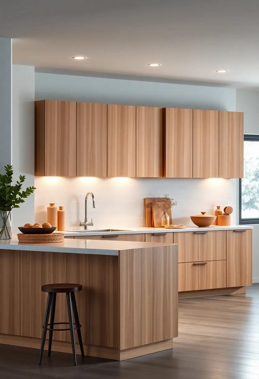 Sleek and Smooth Maple Cabinet Surfaces Illuminated by Ambient Lighting in a Contemporary Kitchen Scene