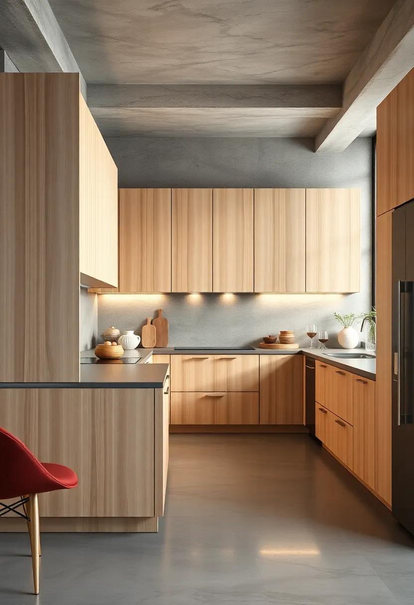 Smooth Maple Cabinet Fronts Against Polished Concrete Floors in a Sleek Modernist Kitchen Setting