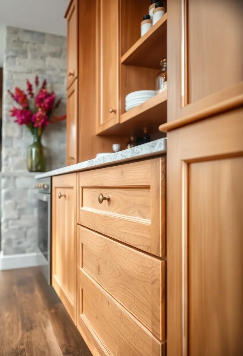 Soft Focus Close-Up of Maple Cabinet Drawers Featuring Custom Inlays and Antique Brass Pulls