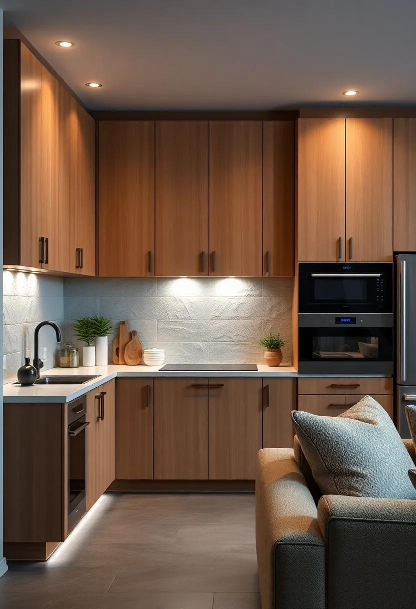 Textured Matte Finish of Maple Cabinets Complemented by Subtle Under-Cabinet LED Strips in a Nighttime Scene