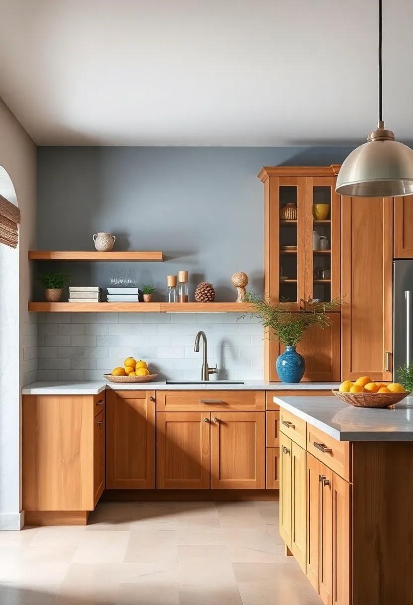 Timeless Appeal of Natural Maple Wood Cabinets with Soft Blue Painted Walls and Classic Fixtures