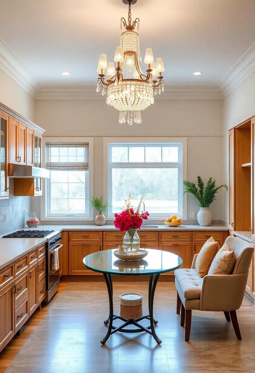 Traditional Maple Cabinetry Harmonizing with Elegant Crown Molding and Crystal Chandelier Lighting