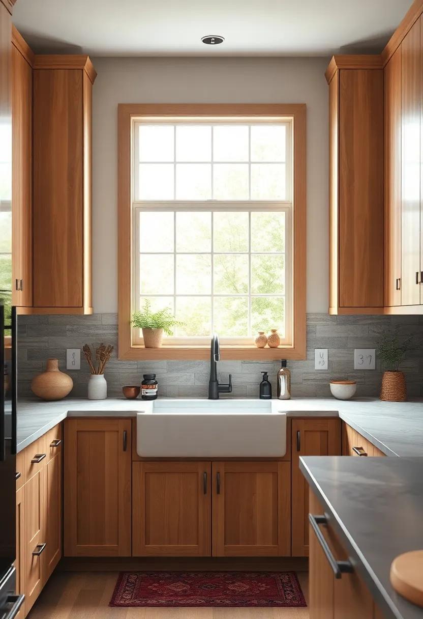 Warm Maple Wood Cabinets Framing a Farmhouse Sink Under a Window Overlooking Garden Greens