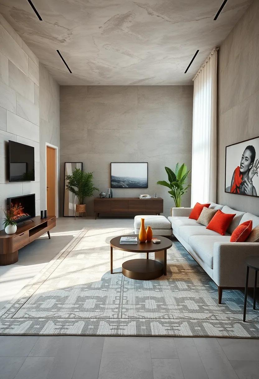 Select a neutral area rug to anchor the space without overwhelming it