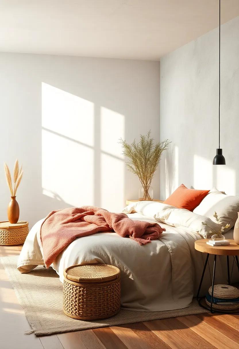 Serene Bedroom Bathed in Soft Natural Light Highlighting Gentle Neutrals and Warm Wood Tones