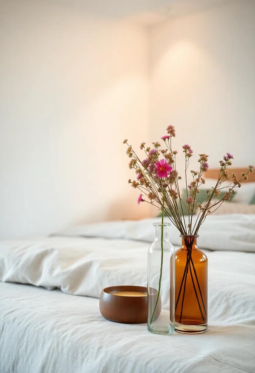 Delicate Glass Vases with Fresh Wildflowers Bringing Life to the Serene Bedroom Scene