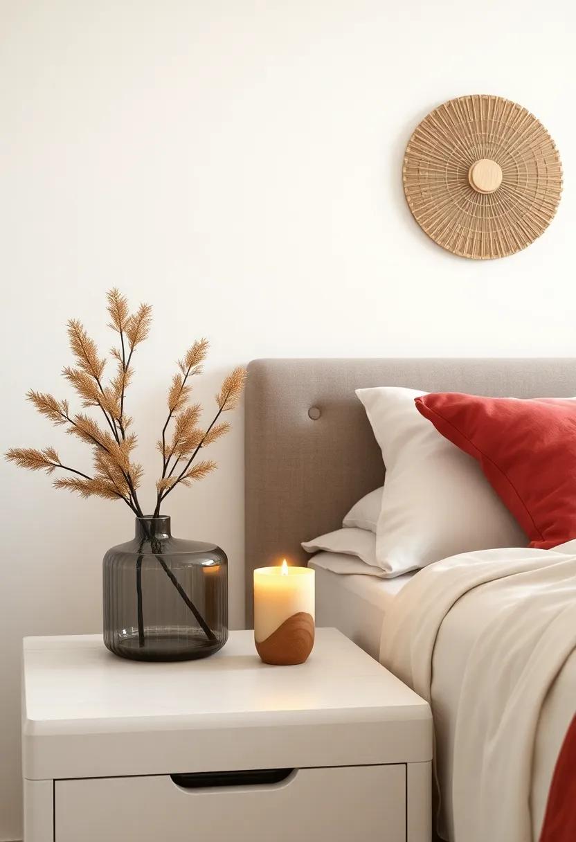 Minimalist Nightstand Featuring a Single Vintage Candle and Handmade Ceramic Vase