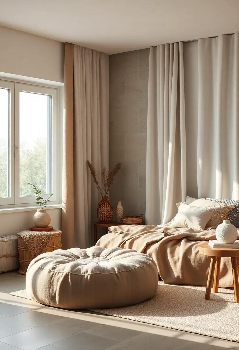 Cozy Corner With a Wool Pouf, Soft Lighting, and Linen Drapes for a Peaceful Retreat