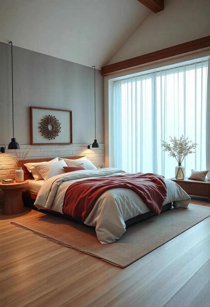 Natural Stone Elements Blending Seamlessly with Cozy Textile Layers in the Bedroom