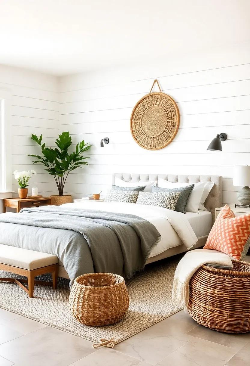 Classic Farmhouse Bedroom Decor Featuring Shiplap Accent Walls and Woven Baskets Blending Style and Simplicity