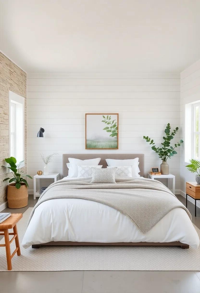 Fresh Greenery Accents and Natural Light Highlighting the Clean Lines of Shiplap Walls in Farmhouse Bedroom Spaces
