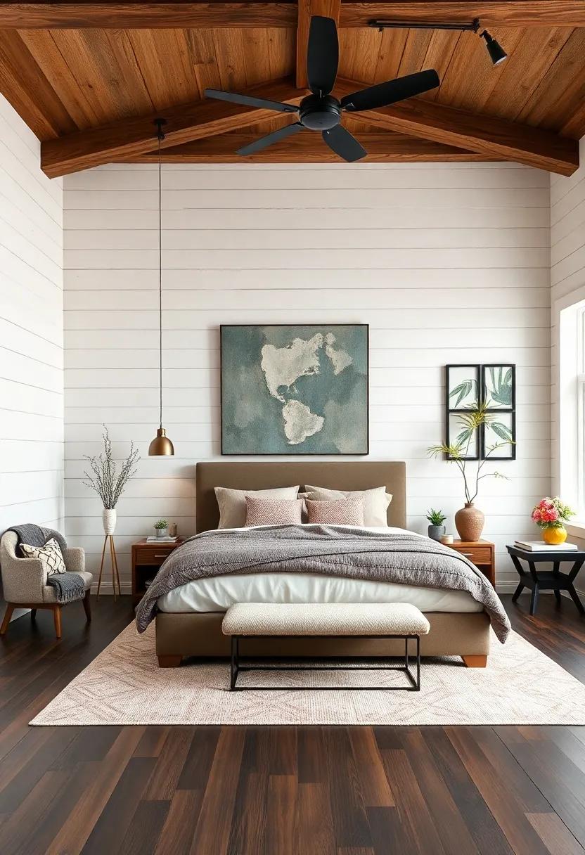 Rustic Meets Elegance Featuring Dark Wood Floors and Classic Shiplap Wall Panels in a Modern Farmhouse Bedroom