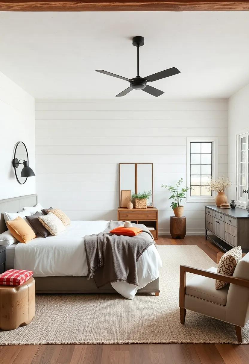 Combining Modern Minimalism and Rustic Shiplap Walls in a Farmhouse Bedroom With Clean, Simple Lines