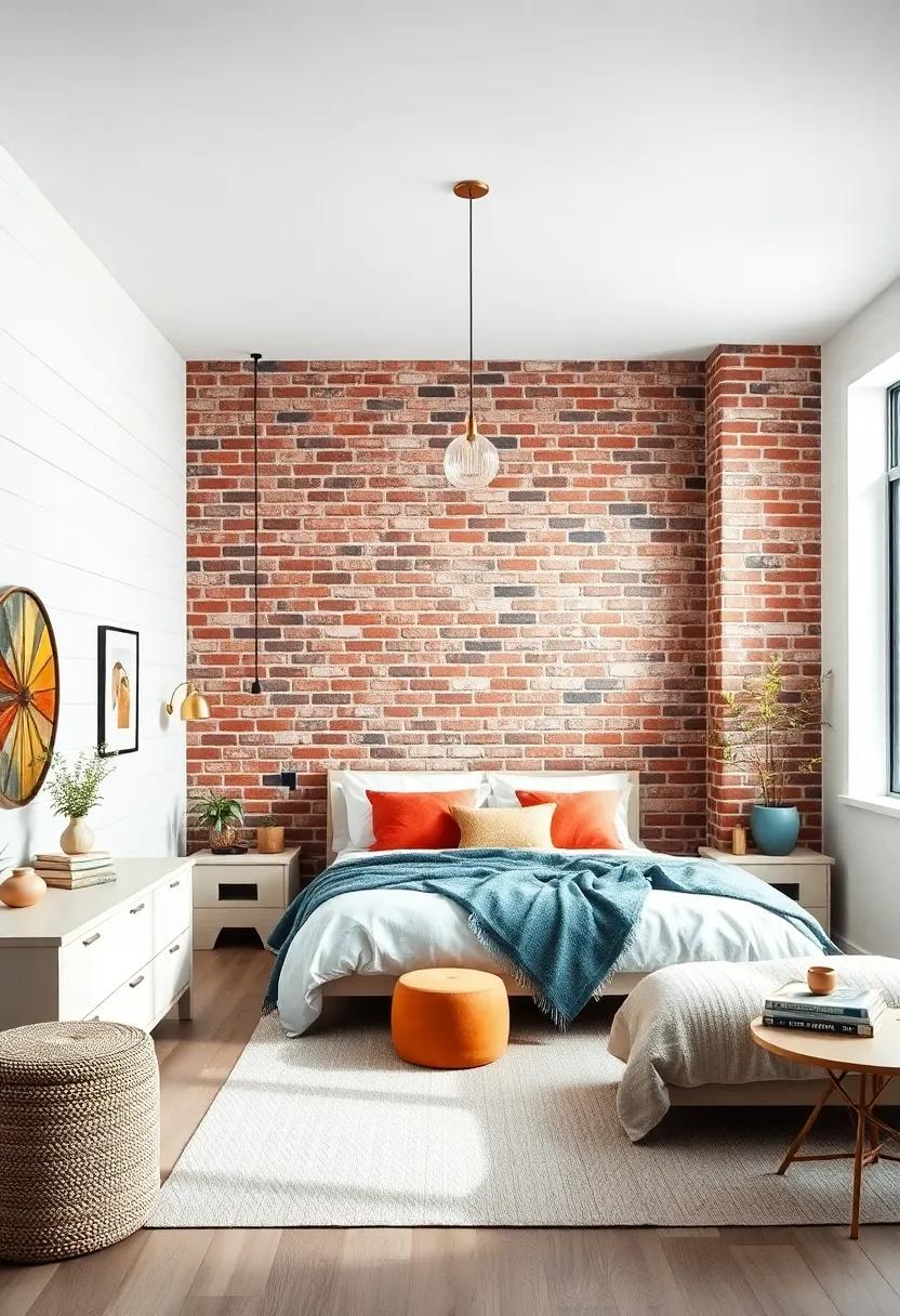 Whitewashed Shiplap Walls Framed by Exposed Brick for a Modern Farmhouse Bedroom With Rustic Depth