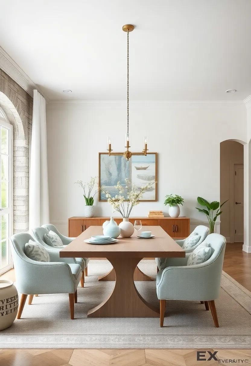 Pale Aqua and Creamy White: Liven up your dining room with pale ‍aqua paired with creamy whites for a breezy coastal feel