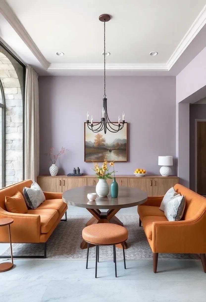 Lavender Gray and Warm Caramel: Introduce tranquility with lavender gray walls paired with warm caramel furniture for an inviting feel