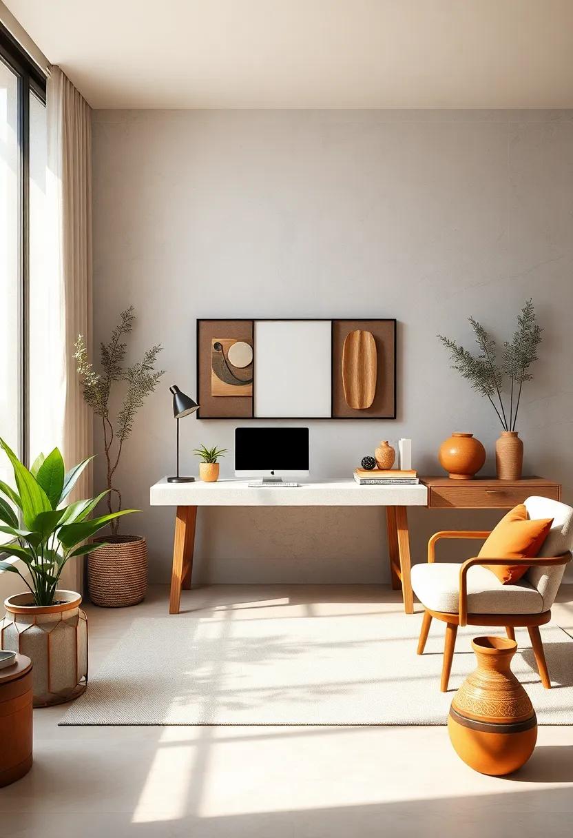 Minimalist Desk with Ceramic Pottery