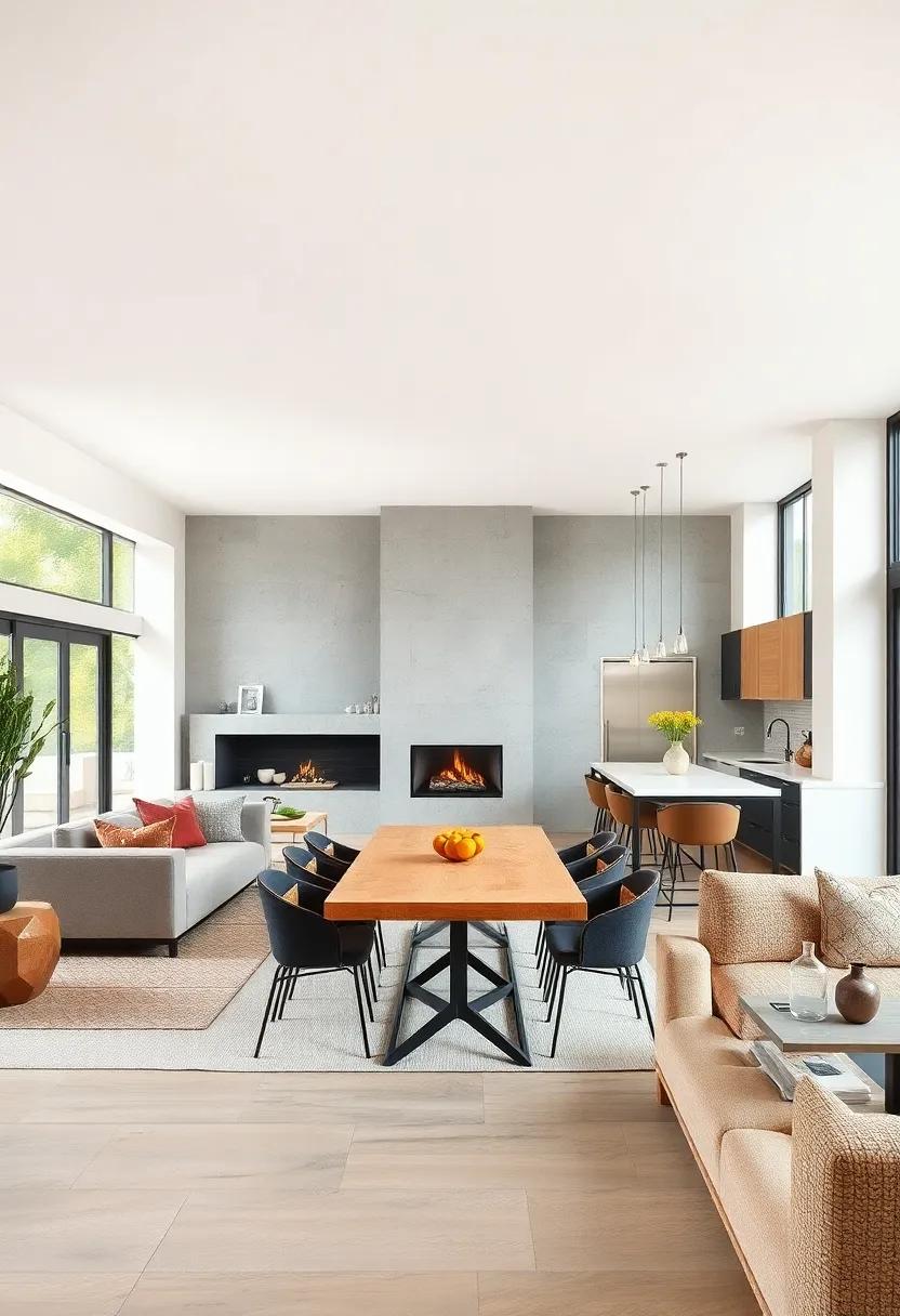 A Fireplace Nestled Between The Kitchen and Dining Zones Creating Warmth and Visual Separation