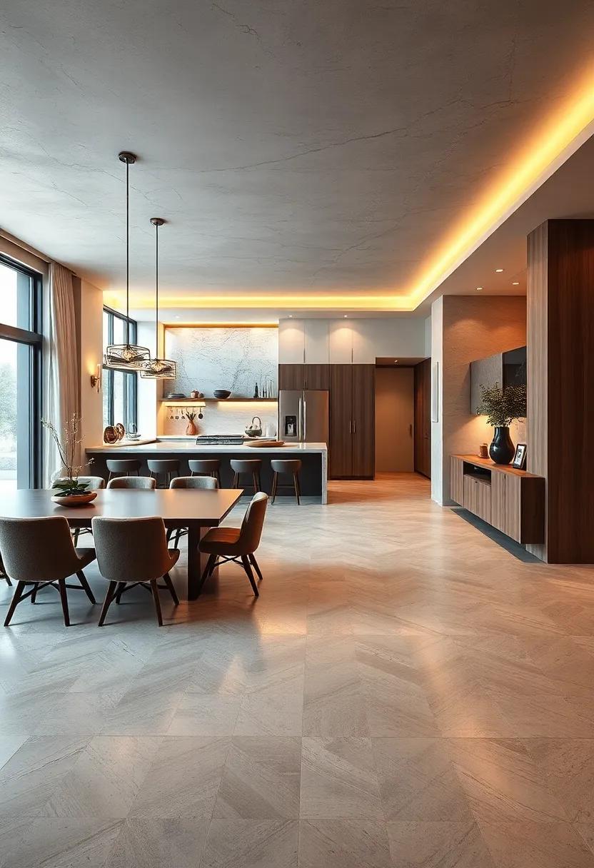 Seamless Flooring Transitions Connecting Kitchen and Dining Areas Under Warm Ambient Lighting