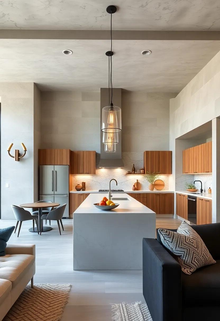 Elegant Pendant Lighting Suspended Above a Sleek Kitchen Island Bridging Cooking and Dining Functions
