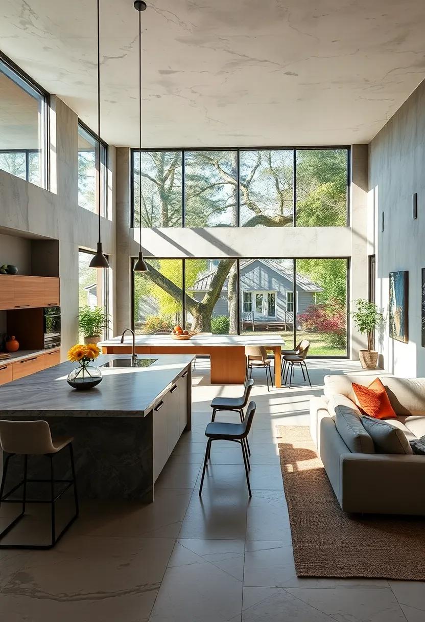 Natural Light Cascading Through Expansive Windows Highlighting Spacious Kitchen and Dining Room Fusion