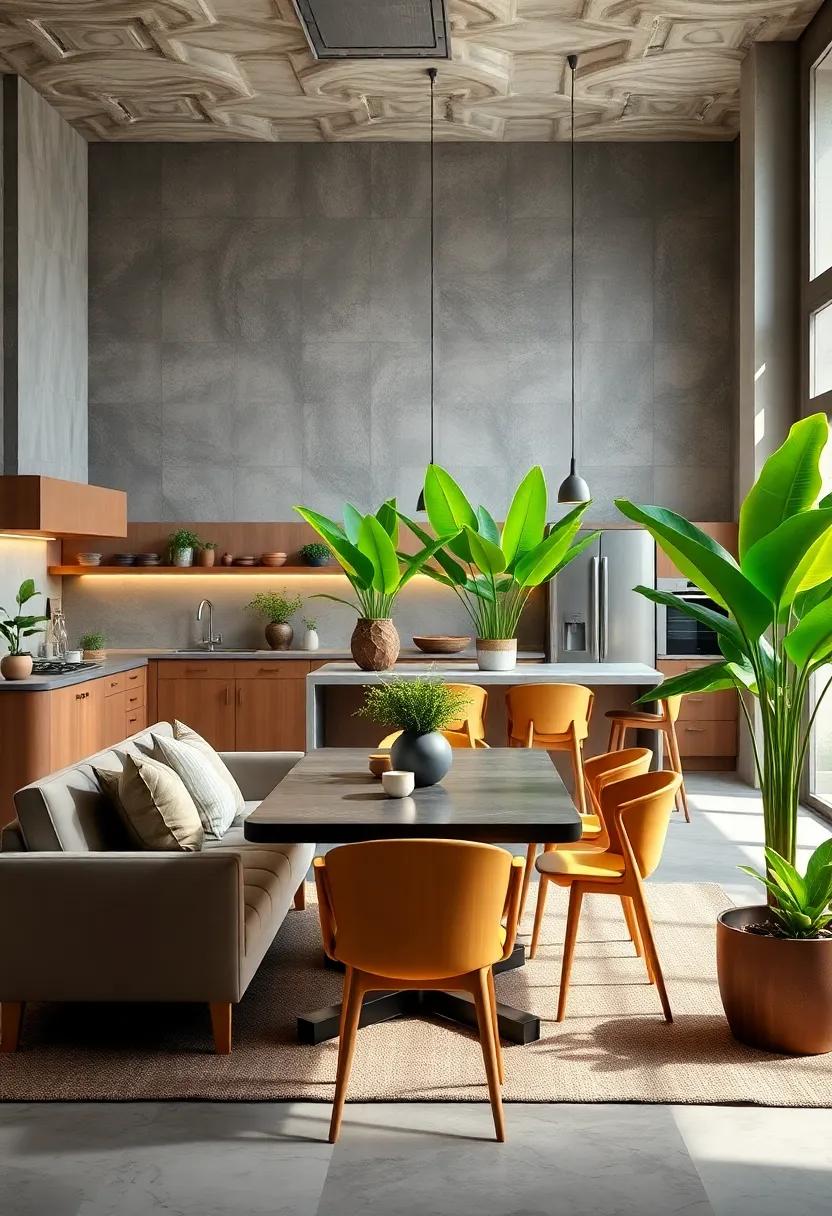 Vibrant Green Indoor Plants Adding Refreshing Life to the Combined Kitchen and Dining Environment