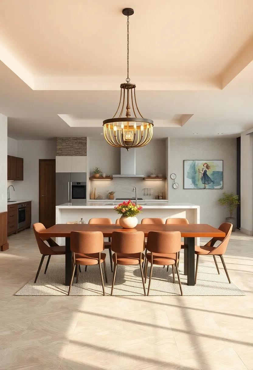 A Vintage Chandelier Illuminating a Retro Styled Dining Room Nested Within Contemporary Kitchen Space