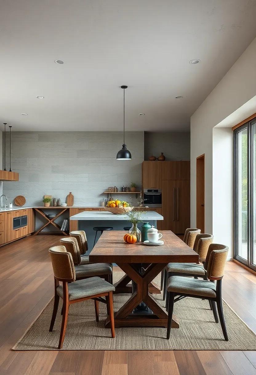 A Cozy Corner of the Open Plan Space Featuring A Rustic Wooden Dining Table and Industrial Kitchen Accents