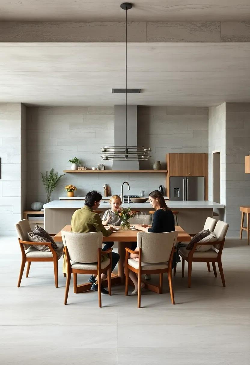 A Family Gathered Around a Communal Table in an Open Plan Setting With Soft Neutral Tones