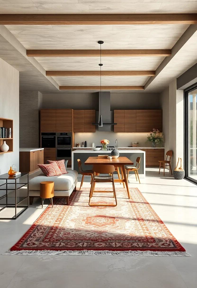 Creative Use of Area Rugs Defining The Dining Space Within a Broad Open Kitchen Layout