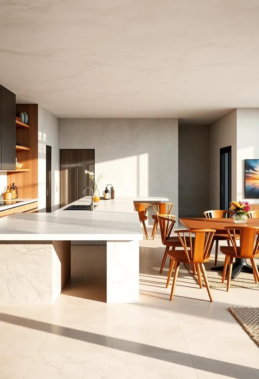 Contrasting Textures Illustrated by Smooth Marble Countertops and Rough-Hewn Wooden Dining Chairs