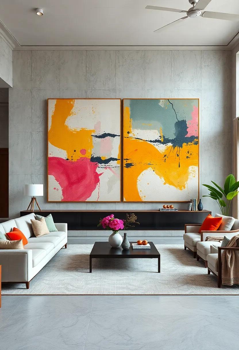 Grand Living Spaces Where Oversized Abstract Canvases Breathe Color Into Minimalist Interiors