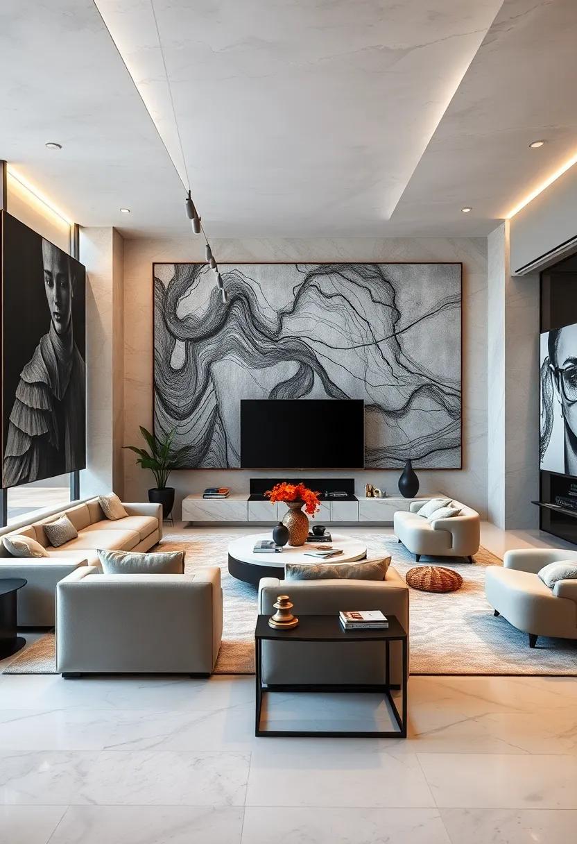 Elegant Entertainment Hubs Surrounded By Expansive Black And White Photography For Moody Contrast