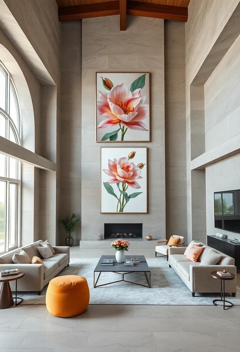 High Ceilings Adorned With Oversized Botanical Prints In Soft Hues To Create Tranquil Sophistication