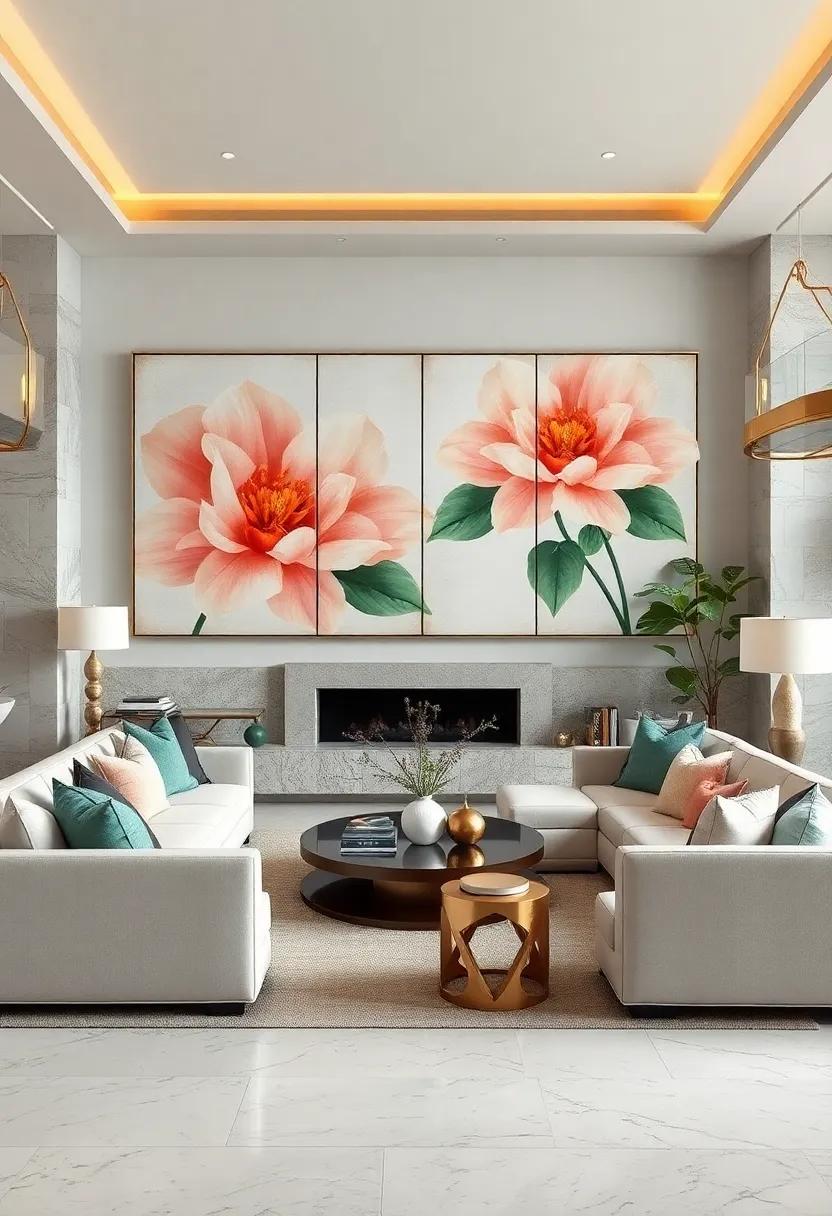 Soft Neutrals And Oversized Floral Canvas Art In Harmonized Layers To Enchant The Senses