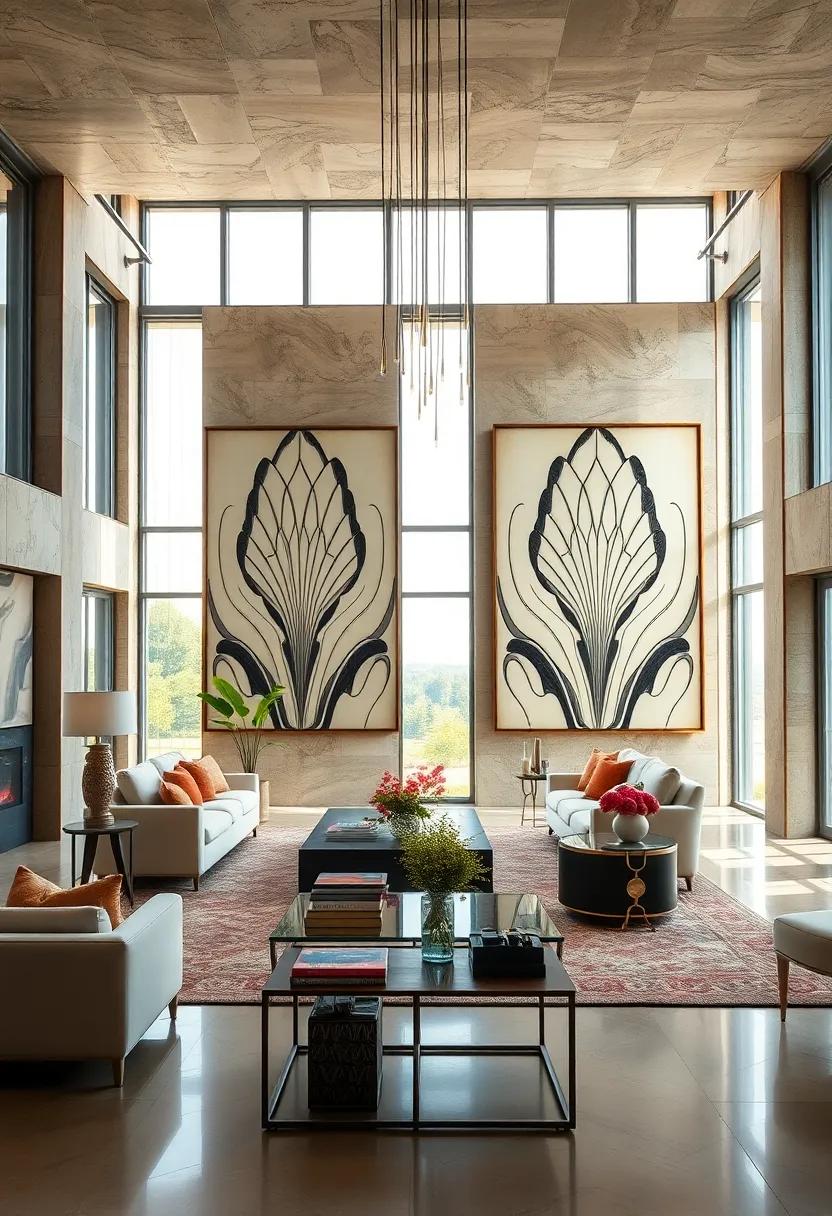 Soaring Windows Flanking Gigantic Art Deco Inspired Prints Infusing Glamour And Symmetry