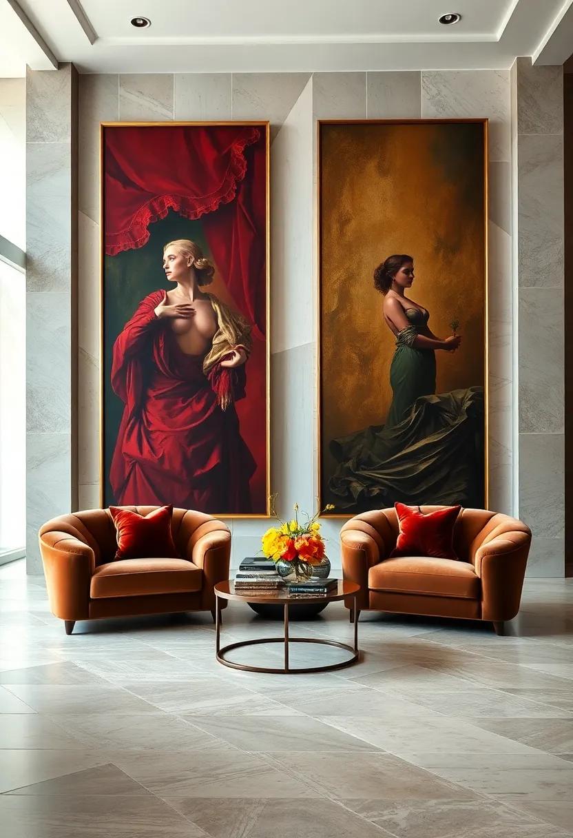 Opulent Velvet Armchairs Positioned To Frame Massive Baroque-Inspired Paintings In Rich Colors