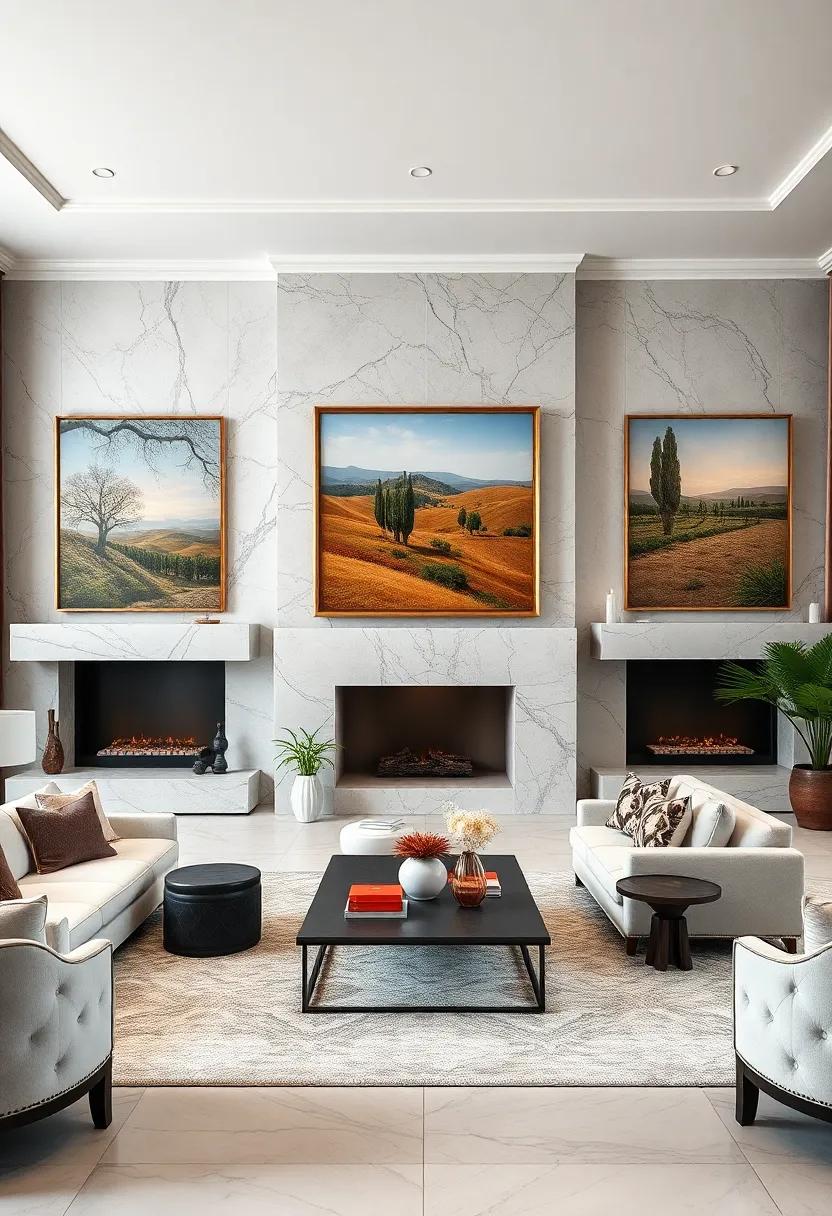 Classic Marble Fireplaces Set Against Oversized Tuscan Landscape Paintings Bringing Rustic Charm