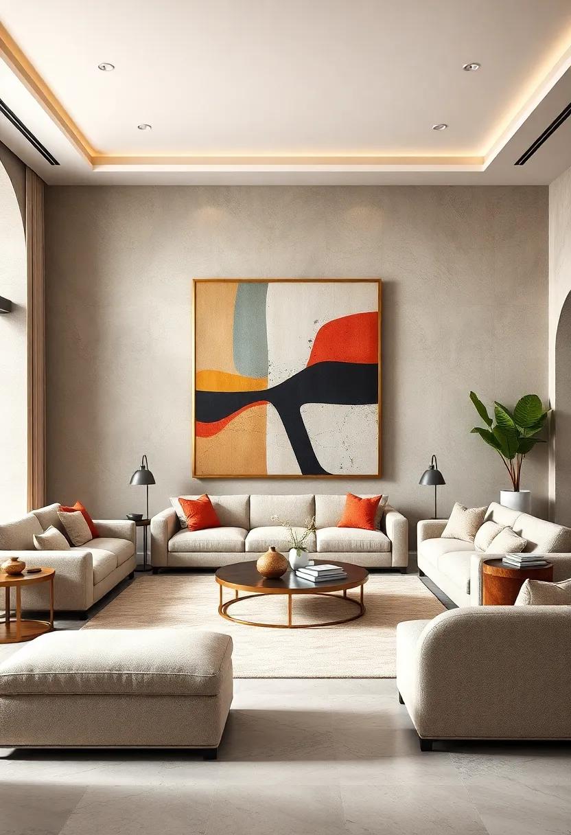 Spacious Living Rooms Featuring Bold Geometric Wall Art Over Plush, Neutral Toned Furnishings