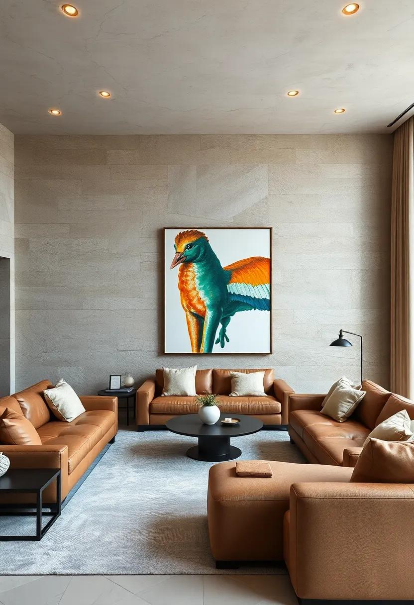 Bold Textured Wall Panels Against Plush Leather Sofas Creating A Statement Of Depth And Luxury